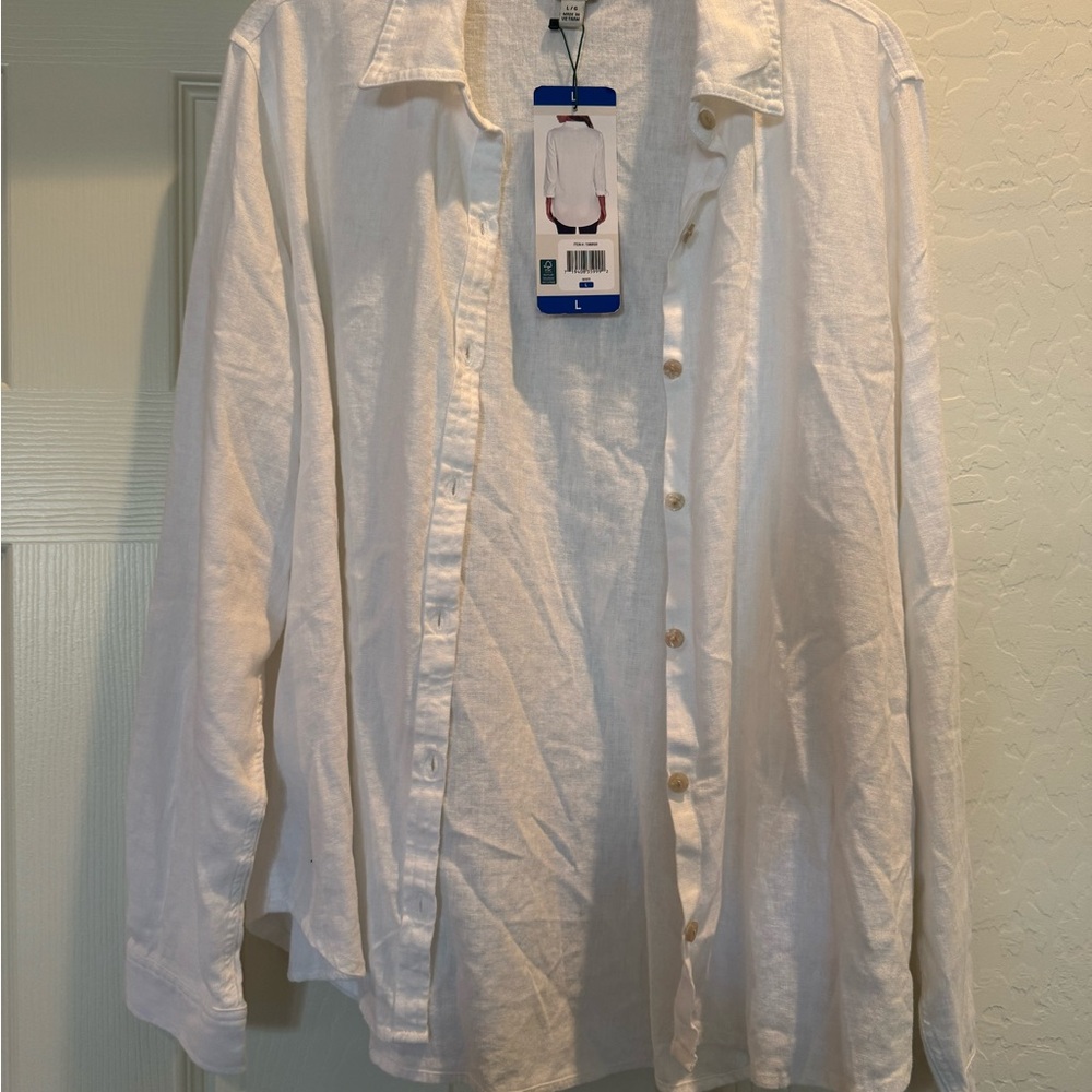 NWT Orvis white long-sleeve linen-blend shirt for women. Size Large